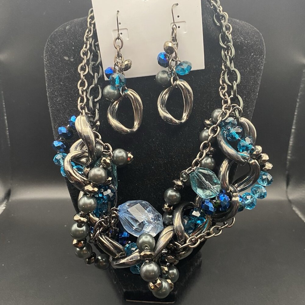 Blue Gunmetal Choker Earring Set Statement Torsade Beads Curb Chain Drop Pierced - Picture 2 of 7